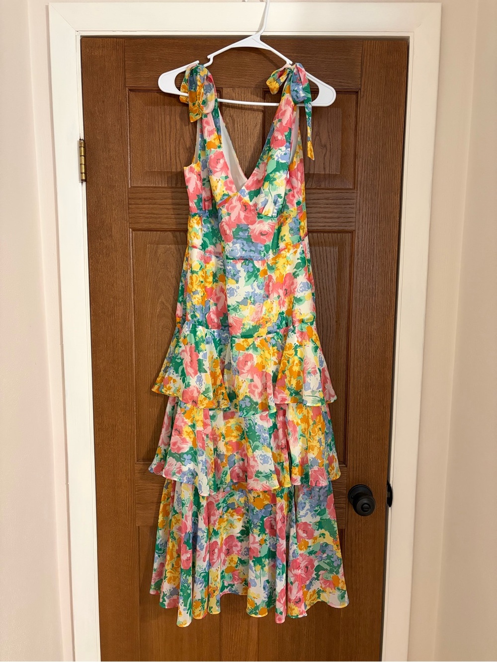 Wayf Floral Tiered Maxi Dress in Pink, Yellow & Green
